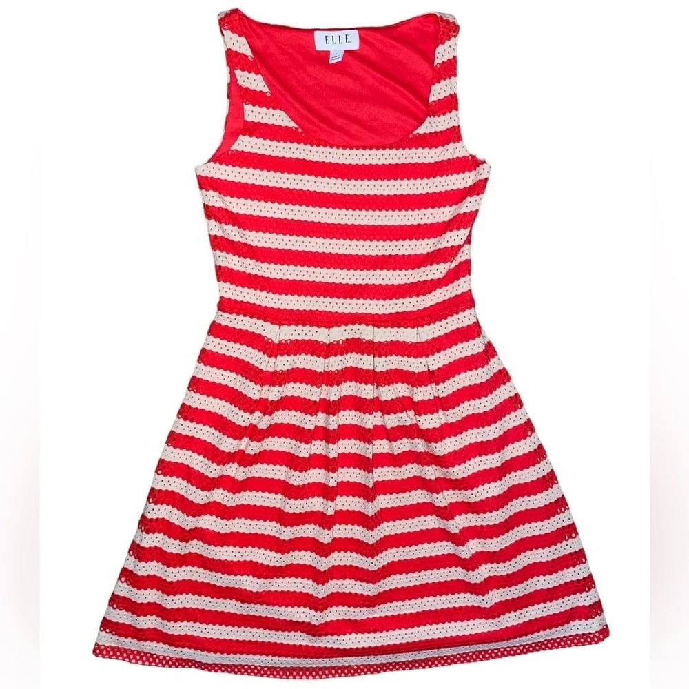 ELLE A-line Fit & Flare Dress Red White Striped Size 2 Eyelet Overlay Preppy